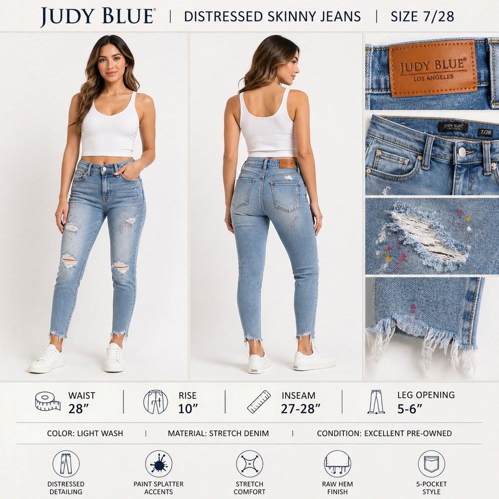 Judy Blue Distressed Skinny Jeans Light Wash Paint Splatter Raw Hem Size 7/28